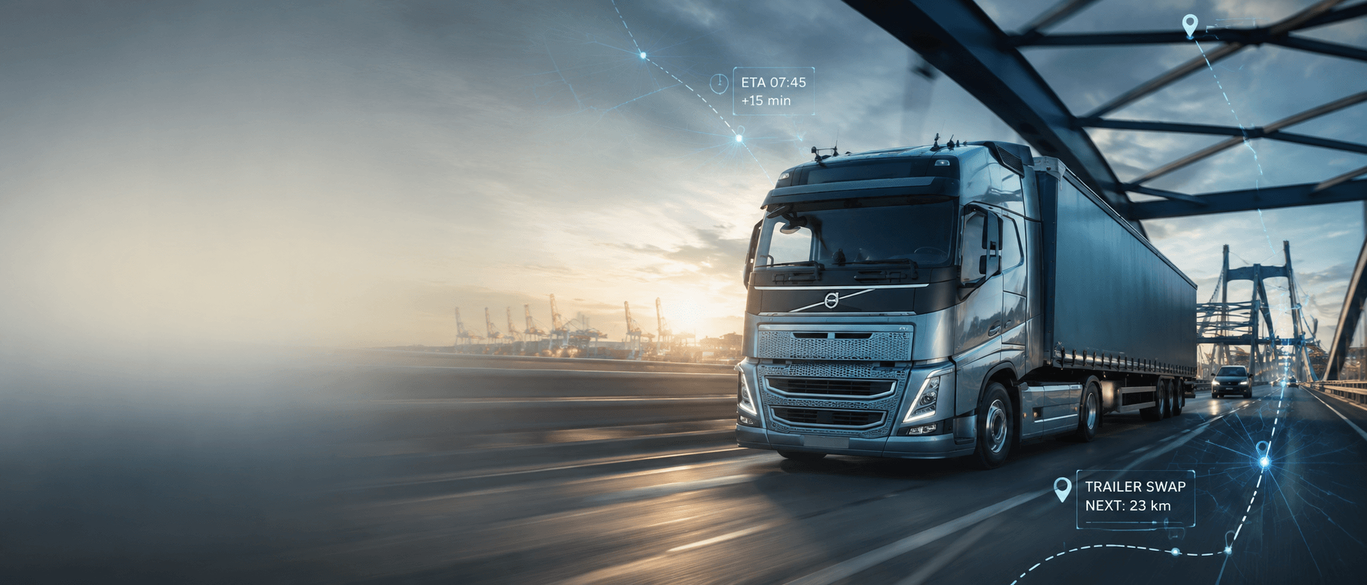 Camion de transport internațional pe autostradă, cu indicatori ETA și schimb de semiremorcă